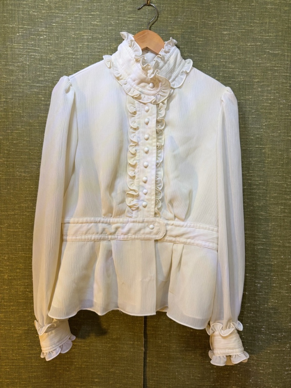 Lace-Trimmed High-Neck White Ruffle Blouse